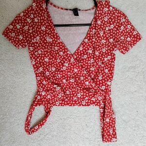 Forever 21 Red Floral Wrap Blouse